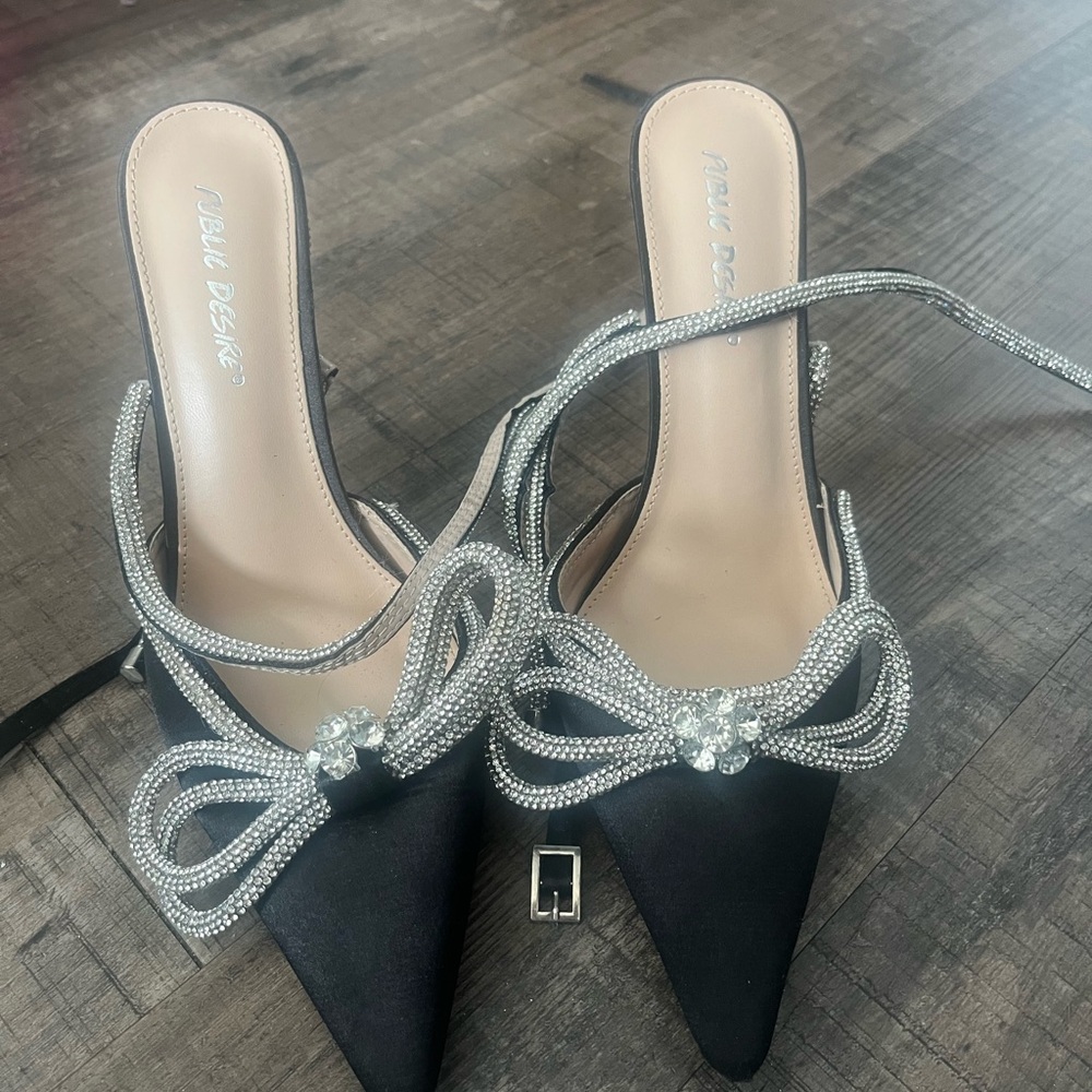 Public Desire Black and Silver Heels with Transparent Straps